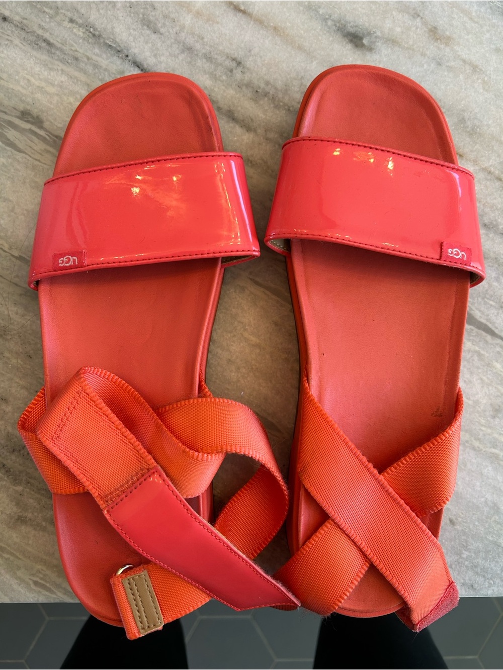 UGG Women's Pink Patent Leather Sandals with Ankle Strap